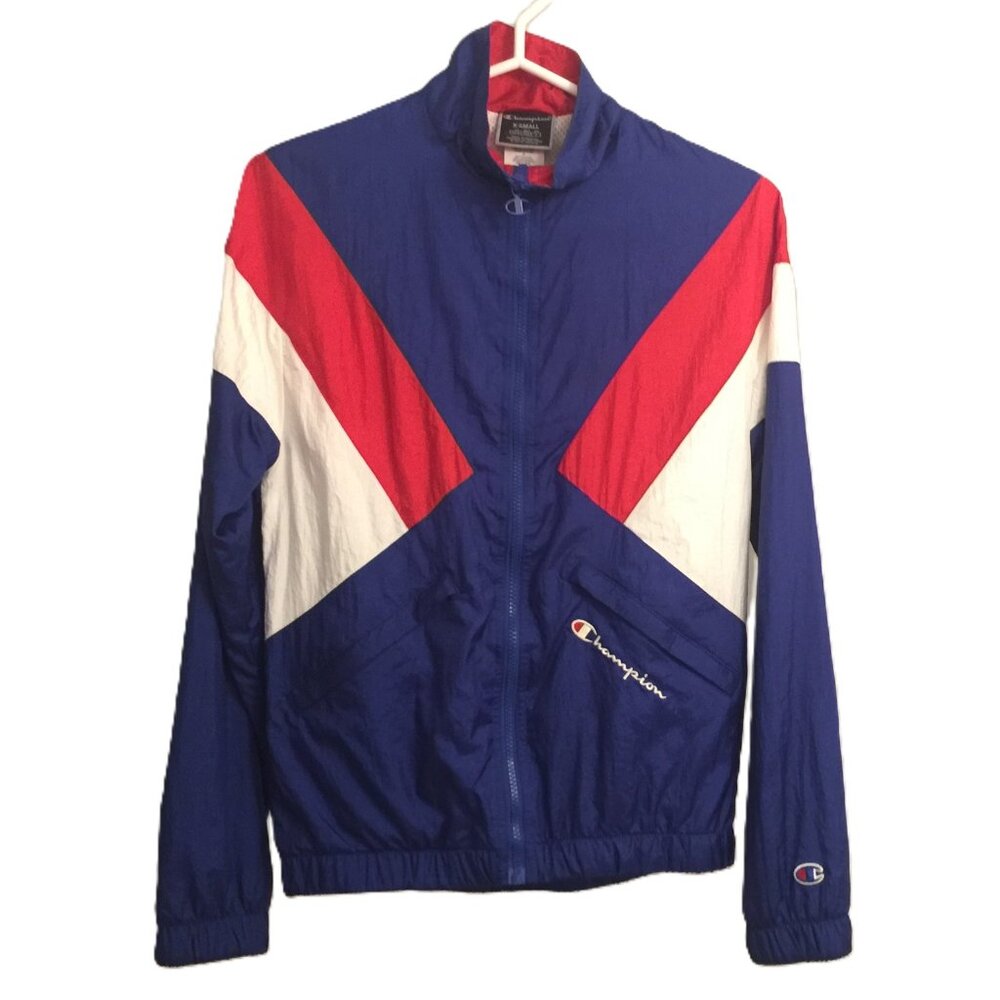 Champion Mens zip front windbreaker. Red, white & blue
